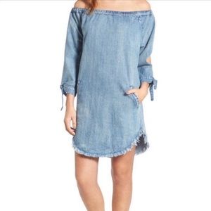 Billy T Summer Denim off-shoulder split sleeve raw hem mini Dress